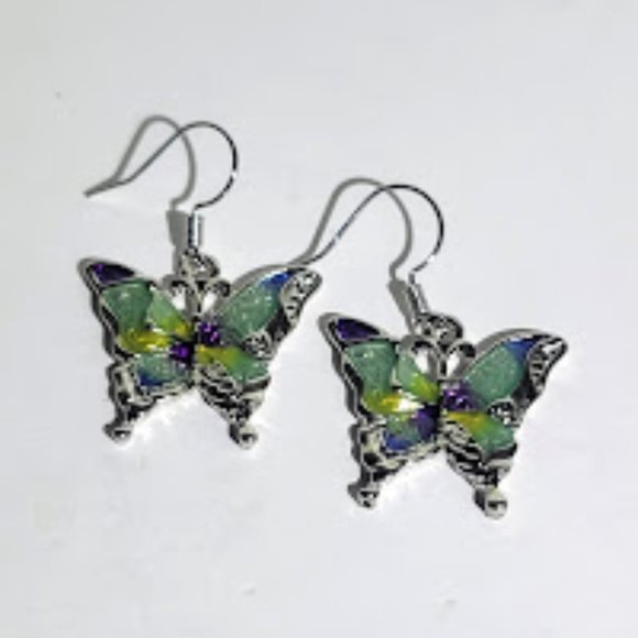MULTICOLORED BUTTERFLY EARRINGS FOR PIERCED EARS SILVER COLOR WIRES - Picture 2 of 3
